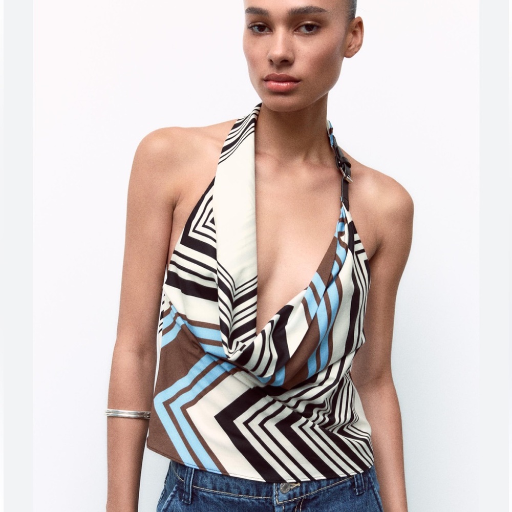 Zara Stripped Belt Halter Neck Poplin Top
